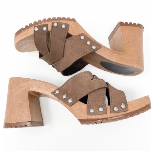 90s Vintage Clog by The Leather Collection Platform Sandals US 8 Wood Heels - Picture 1 of 9